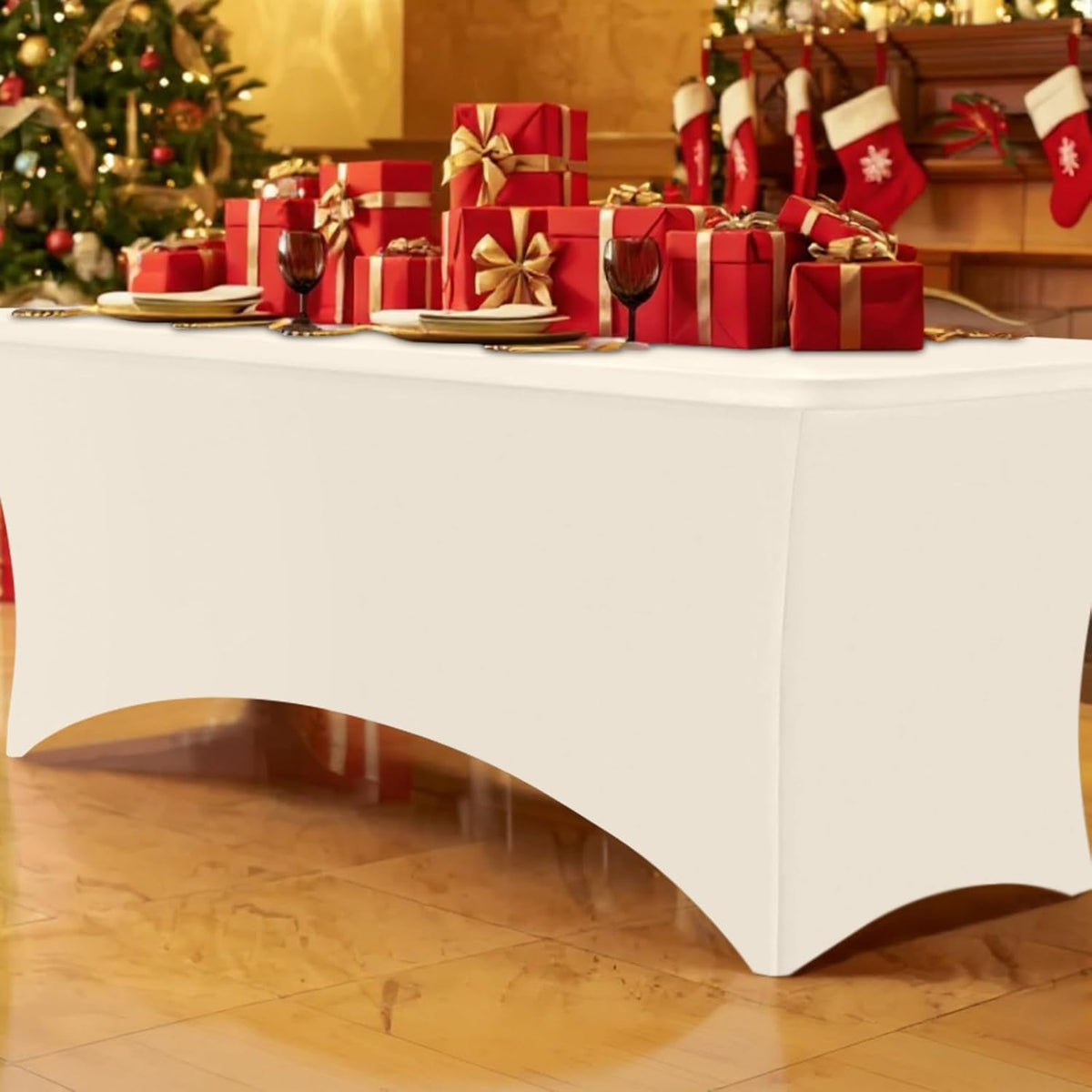 Smiry 2 Pack Spandex Table Cloth 4FT, Elastic Fitted Stretch Tablecloths, Washable and Wrinkle Free Rectangular Patio Table Cover for Outdoor, Wedding, Banquet & Parties (Beige, 48Lx30Wx30H Inch)