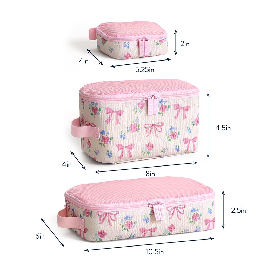 Itzy Ritzy Packing Cubes for Travel – Set of 3 Packing Cubes or Travel Organizers - Each Cube Features a Mesh Top, Double Zippers and a Fabric Handle (Ribbons & Roses)