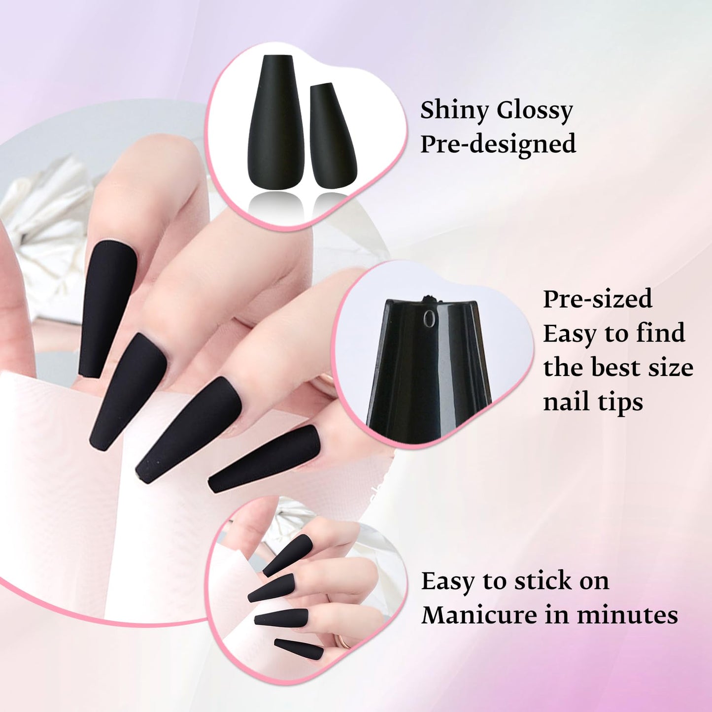 LoveOurHome 300PC Matte Coffin Press on Nails Long Fake Nail Kit, Glue on Nails Press ons Nail Medium Ballerina Acrylic Nails Tips Press-on Nails Coffin Artificial Fingernail Full Cover False Nails