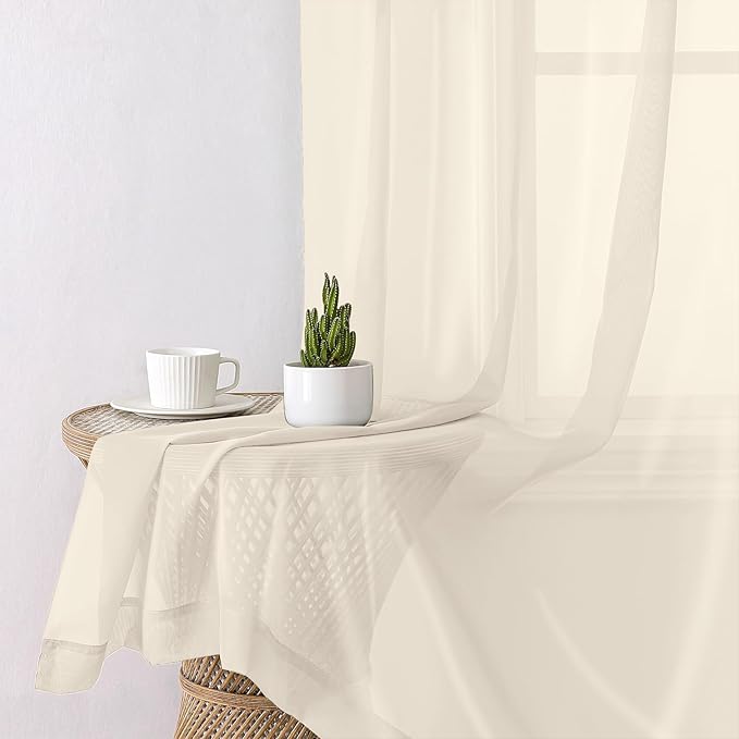 Lecloud Cream Sheer Curtains 90 Inches Long 2 Panels, Elegant Light Filtering Voile Breathable Curtains, Gauzy Window Decor with Top Dual Rod Pocket for Living Room Bedroom, Each 42" W x 90" L