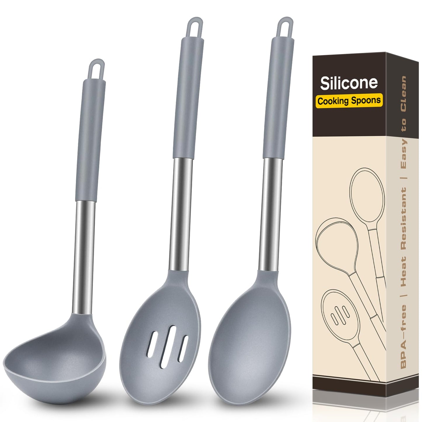 3Pcs Silicone Cooking Spoon Set, Kitchen Utensils Include Solid & Slotted Spoon, Soup Ladle, Food-Grade Heat Resistant 446°F, Non-Scratch Spoons for Serving, Stirring, Draining, Dishwasher Safe, Gray