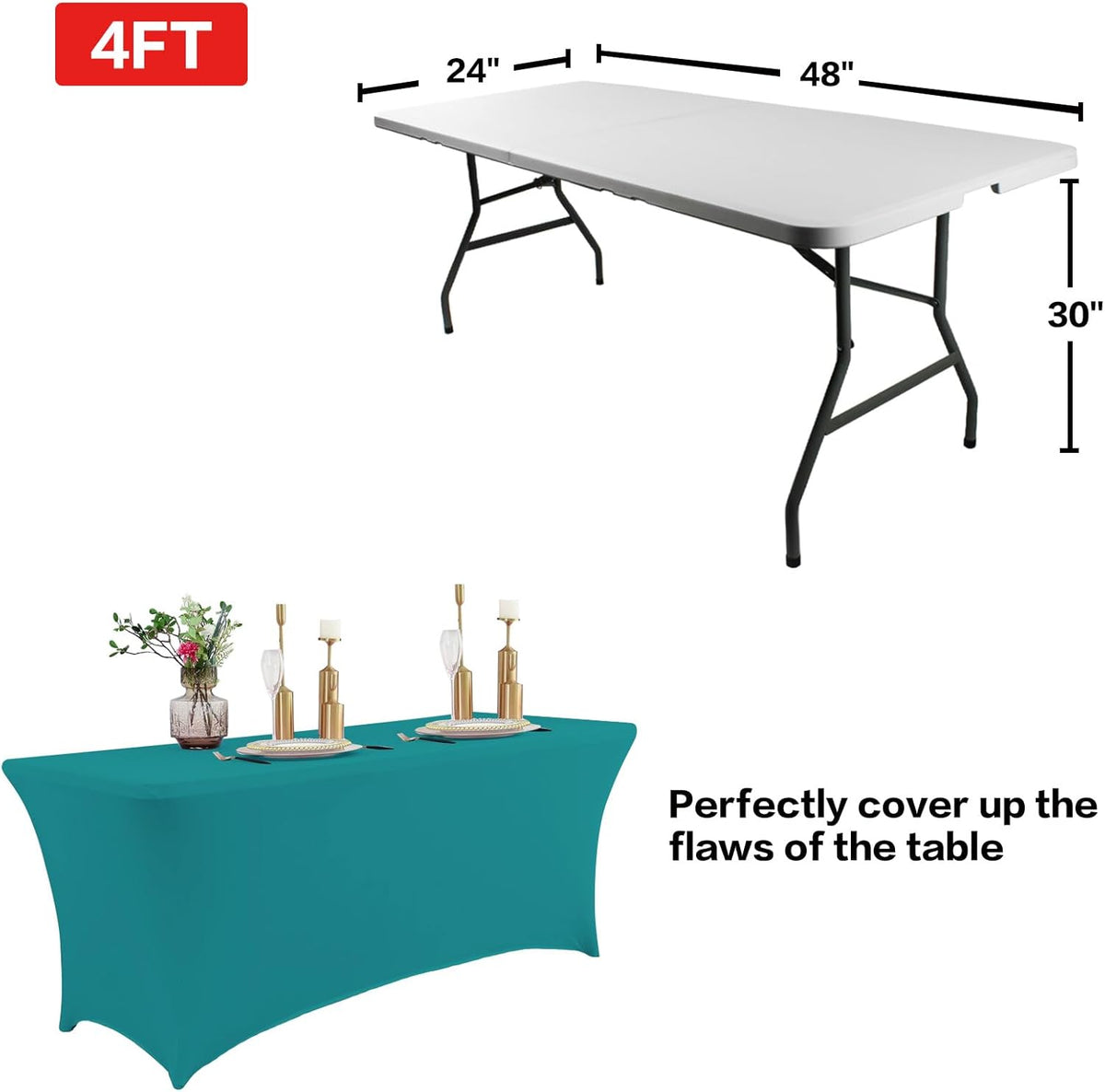 IVAPUPU 2 Pack 4FT Table Cloth for Rectangular Fitted Events Stretch Lake Blue Table Covers Washable Cover Spandex Tablecloth Protector for Party, Wedding, Cocktail, Banquet, Festival