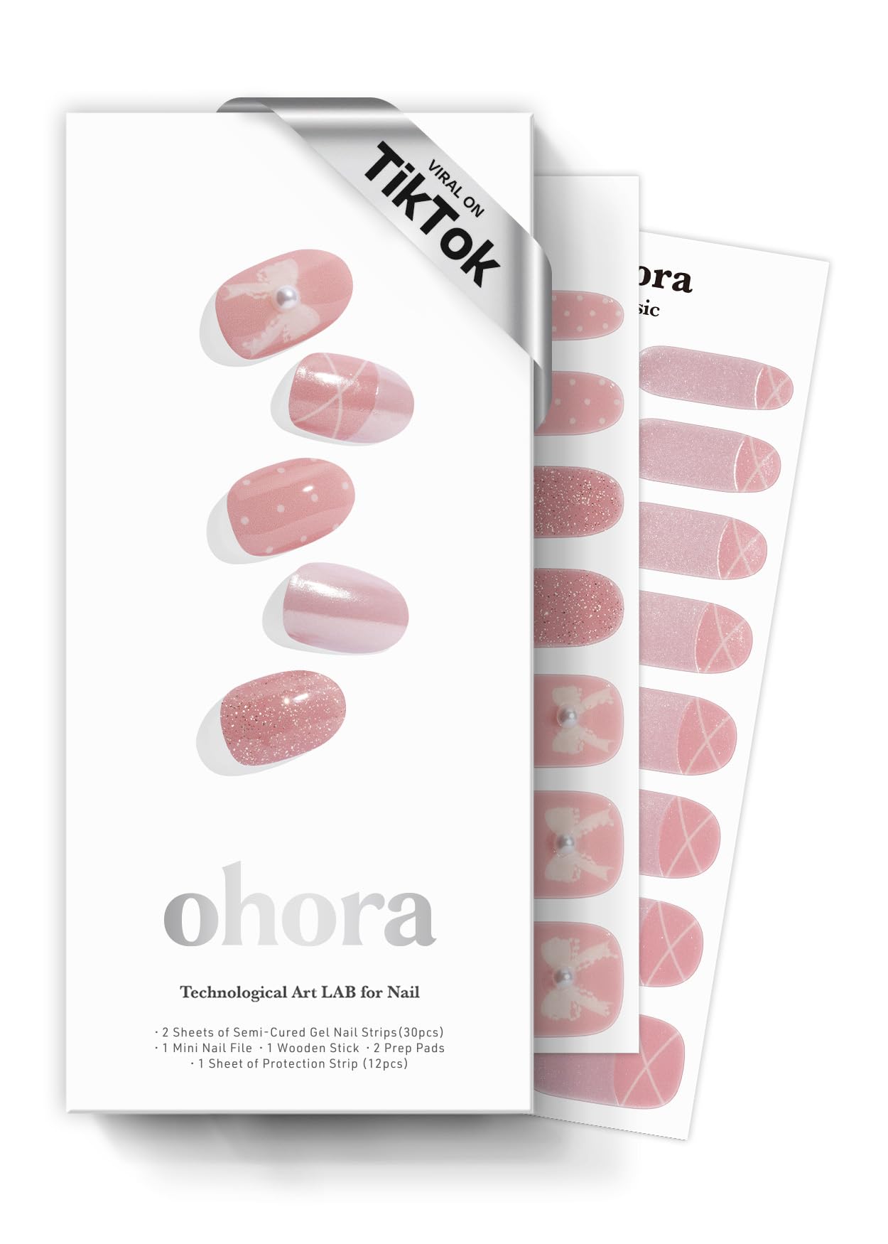 ohora Semi Cured Gel Nail Strips (N Sheer Tutu) - Works with Any Lamps, Salon-Quality, Long Lasting, Easy to Apply & Remove - Includes 2 Prep Pads, Nail File & Wooden Stick