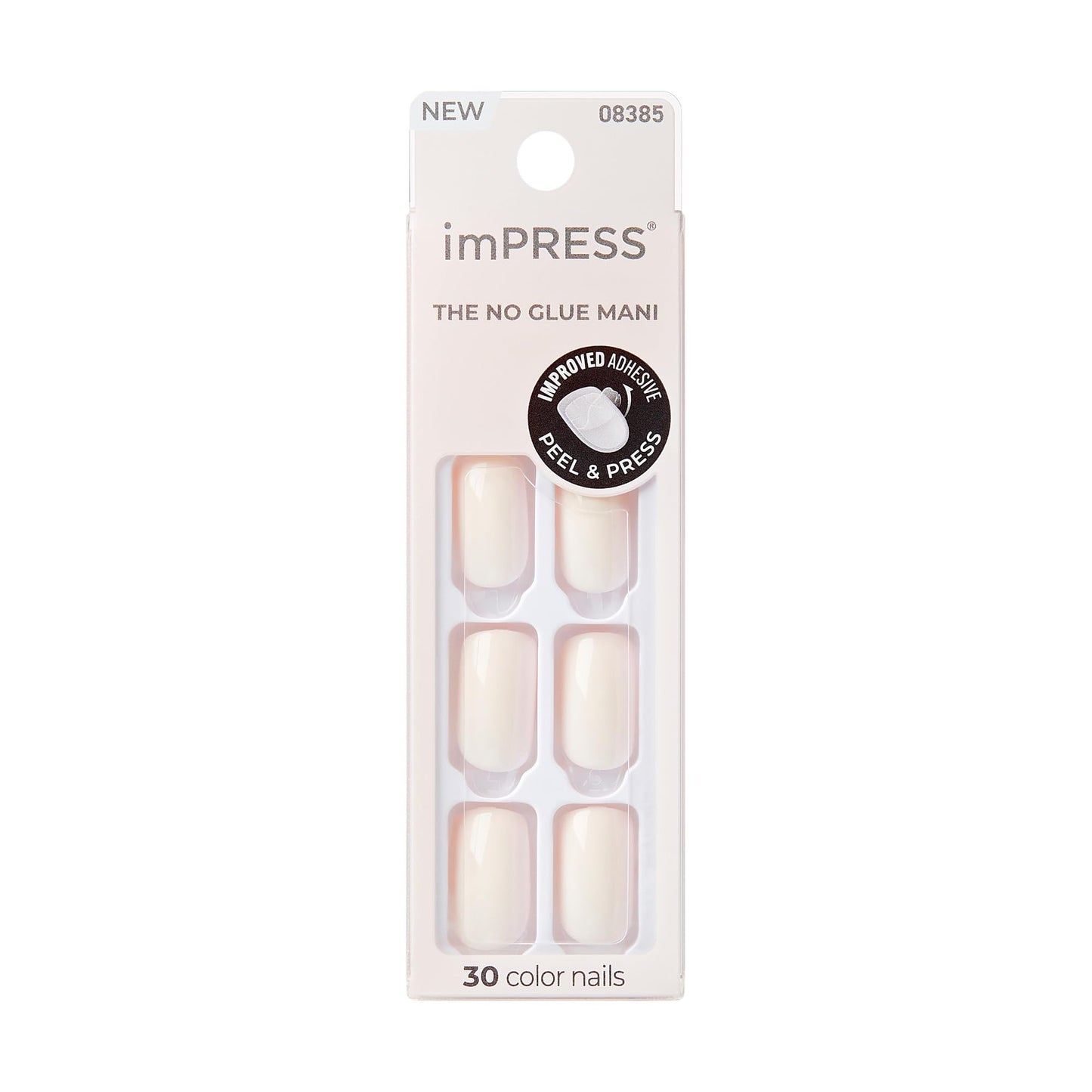 KISS Impress No Glue Mani 30 Pcs Press on Nails, Medium Squoval Design Nail, Solid Pure White Print, Simple Peel & Press Easy Apply, Hassle-Free Removal, Essential Tools Included
