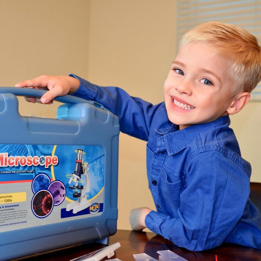 58-Piece Kids Microscope Kit - 100X-1200X Magnification, Metal Body, LED Light, Carrying Box - Science Experiment Toy for Kids Ages 5-12