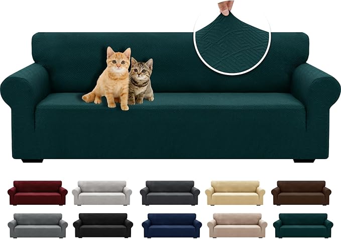 XINEAGE 2026 New Extra Large Couch Cover for 3 Cushion Couch (91"-110") 1 Piece Stretch Oversized Sofa Slipcovers Jacquard 4 Seater Furniture Protector Elastic Bottom for Kids,Pet (Blackish Green)