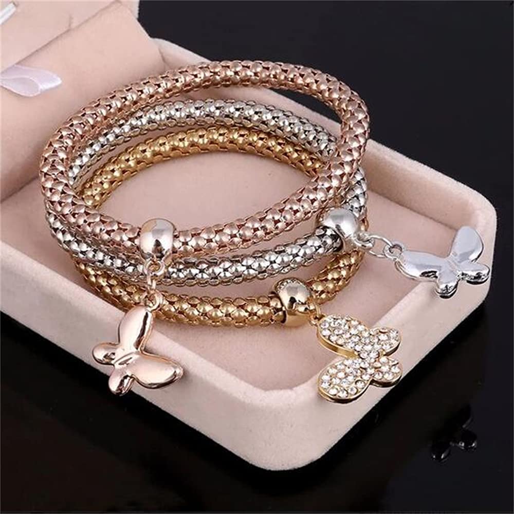 SILANER Crystal Charms Multilayer Bracelets - 3PCS Gold/Silver/Rose Gold Corn Chain Bracelet for Women, Solid Butterfly Charm Shaped Stretch Bracelet (Solid Butterfly Charm Bracelet)