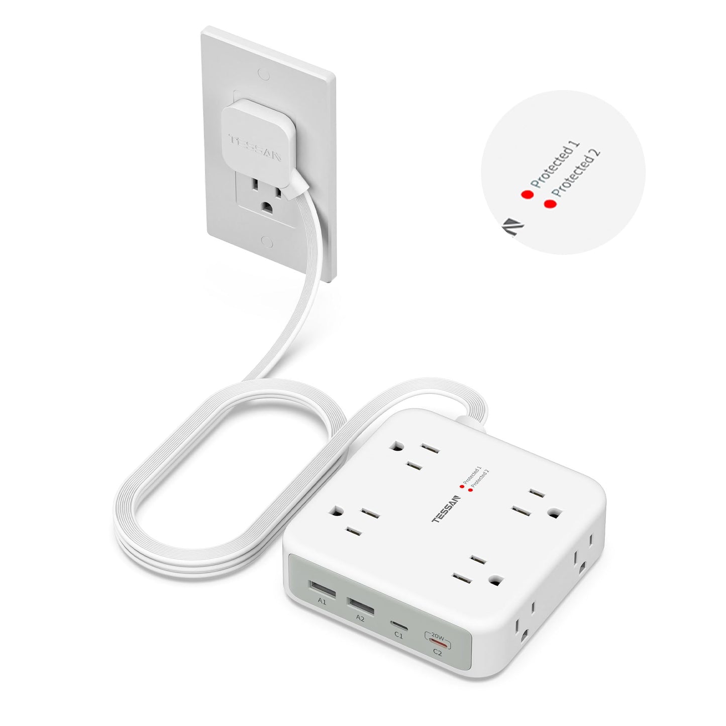TESSAN Dual Surge Protector Power Strip, 5 Ft Extension Cord Flat Wall Plug with 4 USB (2 USB C) 8 Outlets, 2100J Surge Protection, 20W Multiple Charging Station for Home, Office, College, Dorm, Grey