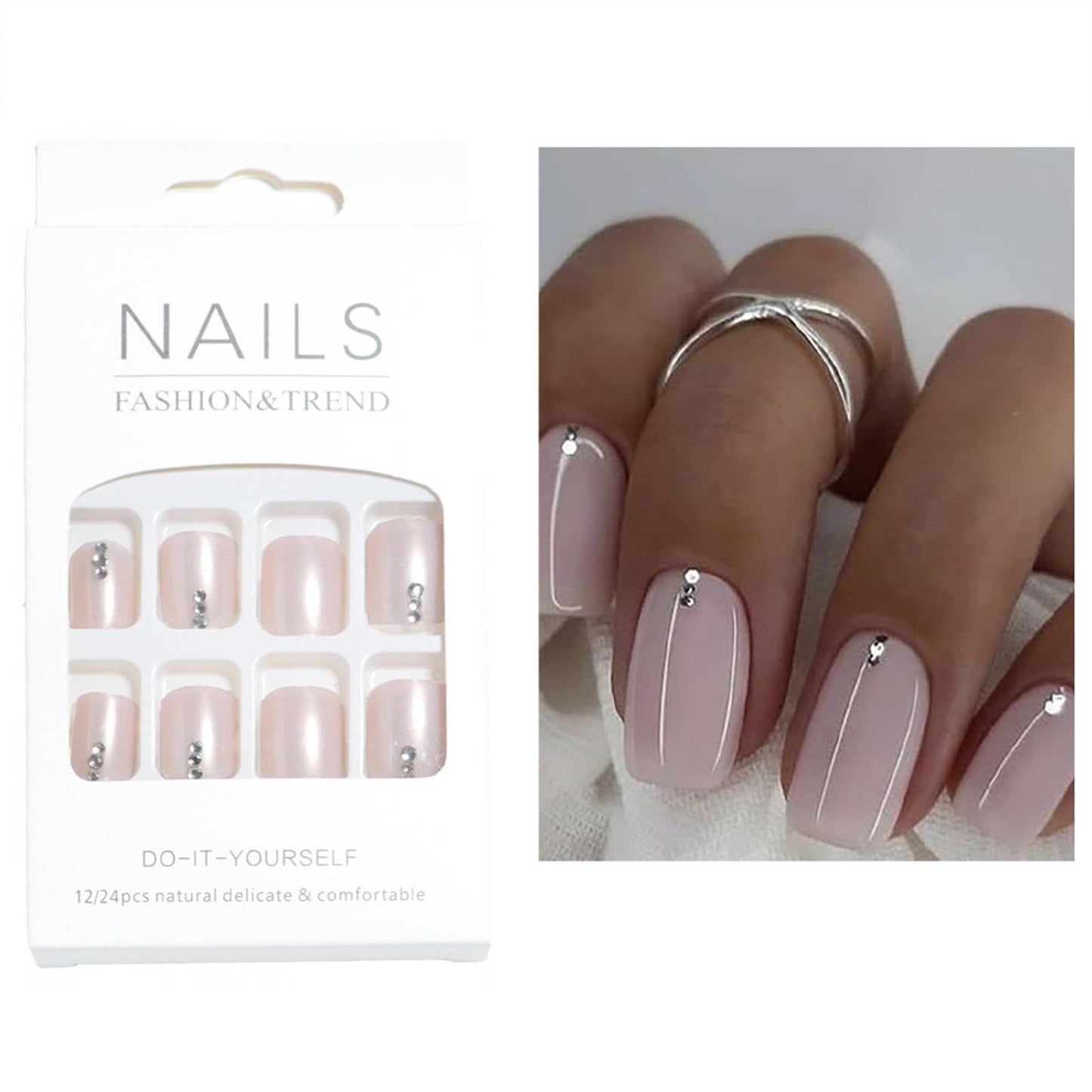 TOGZOM White Press on Nails Short Square With Designs - Glossy False Acrylic Nails, Solid Color Rhinestones, Glue on Full Set - Pink Stick on for Women Girls 24 Pcs