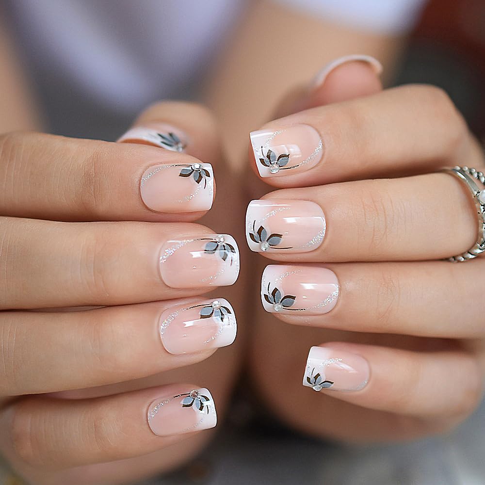 iBeautying Press on Nails - Shiny Short Flower Glitter Deco Ombre False Nails | UV Gel Finish Medium Short Coffin Flat Shape Reusable Fake Nails - 24 Nail Kit with Jelly Glue Pad