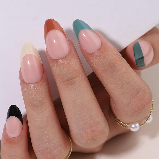 Hrnsnails Almond Shaped Press On Nails, Glue On Nails Short Fake Nails with Multicolor French Tip Nails Designs, Acrylic Nails Press On Gel False Nails, Artificial Nails Stick On Nails for Women