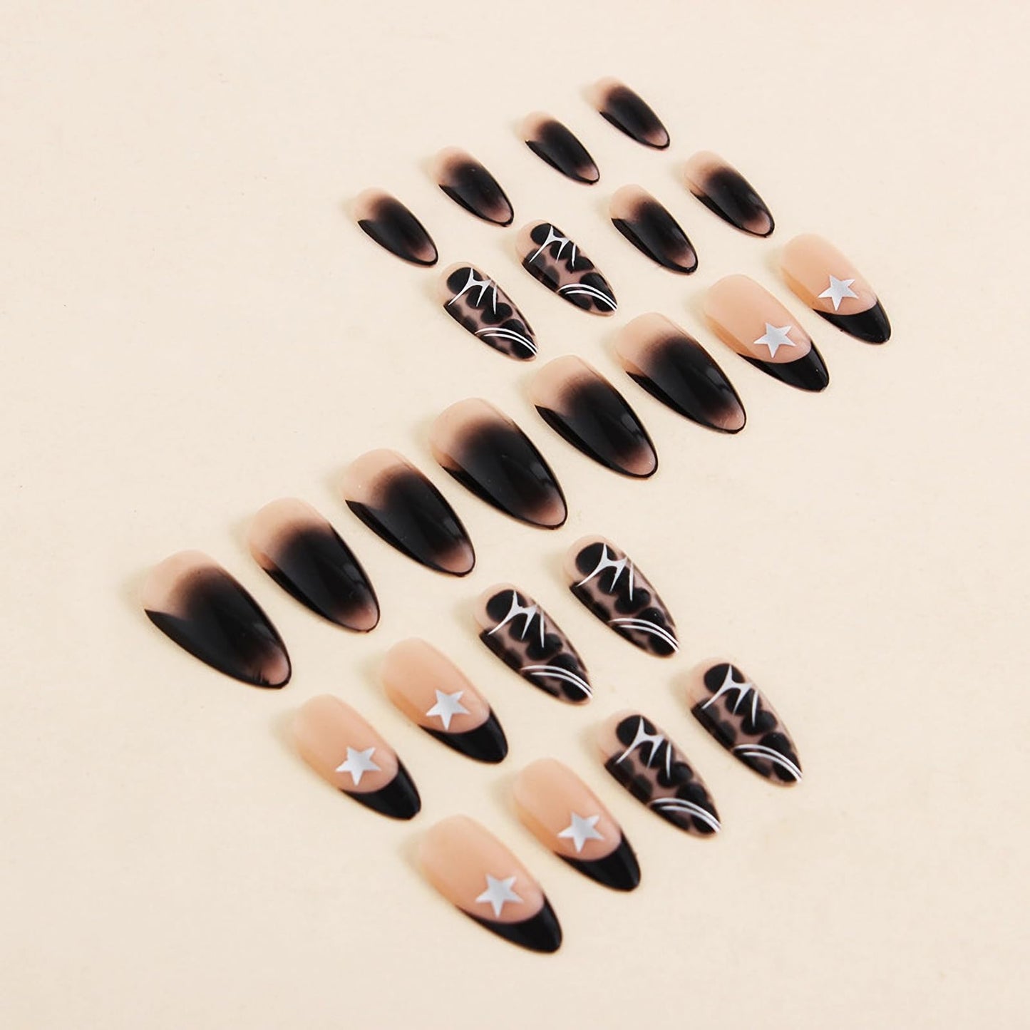 MISUD Press on Nails - Medium Almond Glue on Nails with Goth Black, Acrylic Silver Chrome Design 24 pcs
