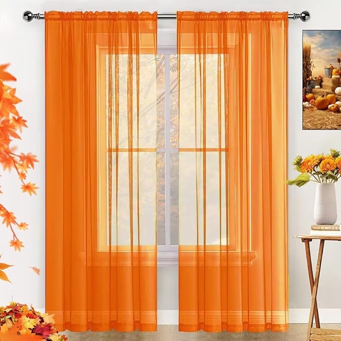 SpaceDresser Basic Rod Pocket Sheer Voile Window Curtain Panels Orange 2 Panels 52 Width 72 Inch Long for Kitchen Bedroom Children Living Room Yard(Orange,52 W x 72 L)