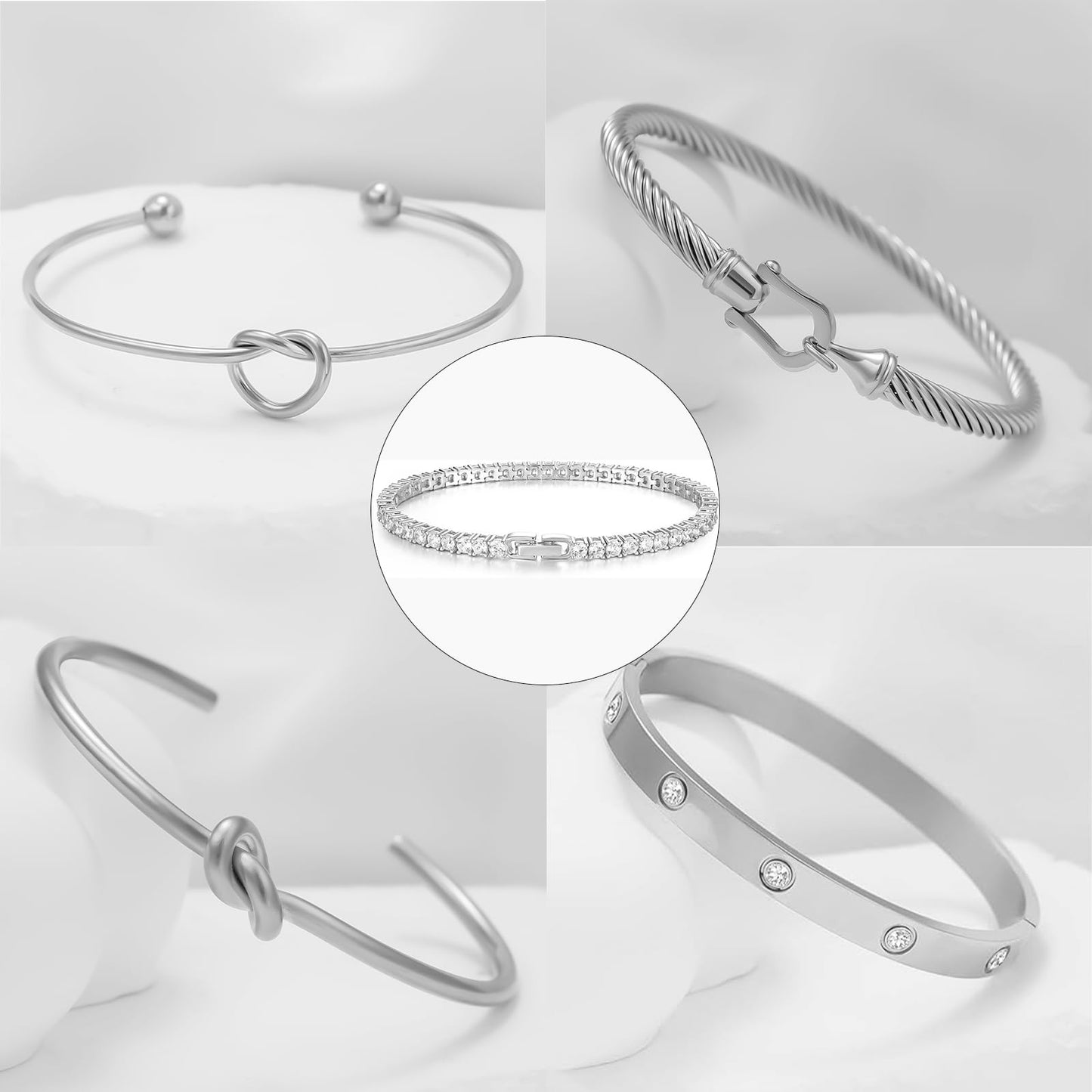 FAFUGA 18 K Silver Plated Love Bangle Bracelet Stack Cuff Jewelry for Women Jewelry Set for Women Gift with Box (style19)
