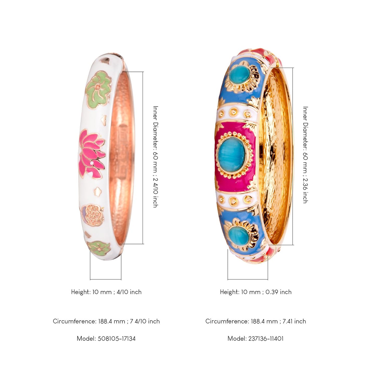 UJOY Vintage Cloisonne Jewelry Bracelet Plated Handmade Bead Rhinestones Enamel Spring Cuff Bangles 2 Pcs Set for Womens Gift 7735-55A35 Pink White