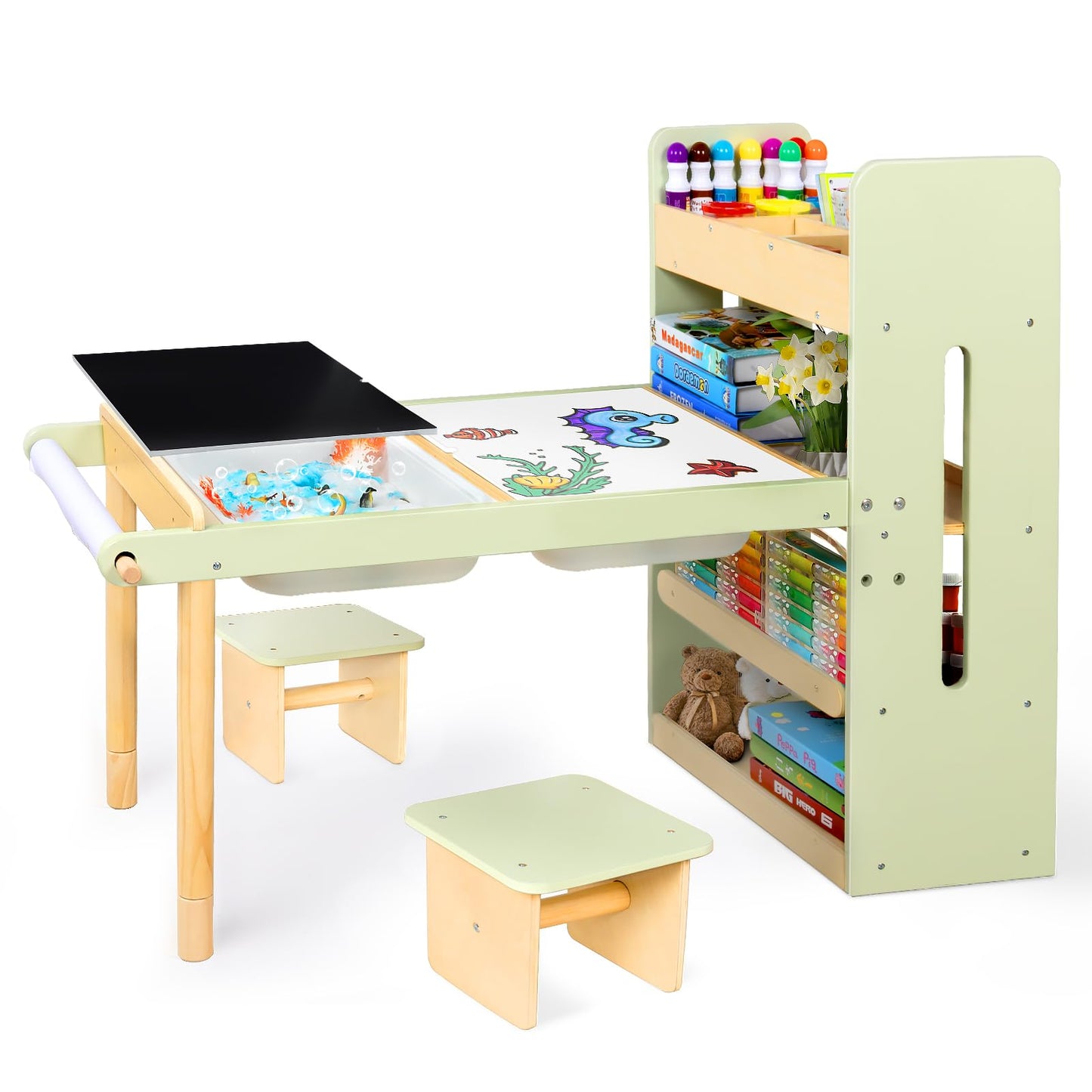 LOL-FUN Kids Sensory Art Table and Chairs Set with Storage Bins & Shelves, Toddlers Activity Table for Ages 3-8 Preschool Sand and Water Play, Drawing Desk with Blackboard Whiteboard
