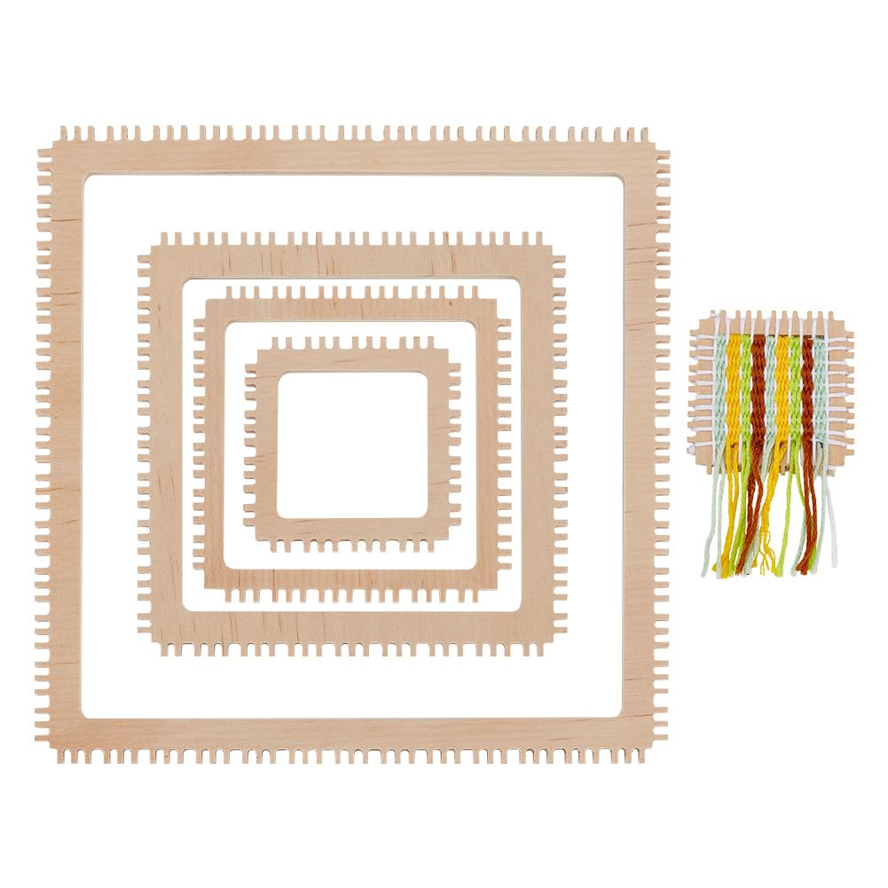 NBEADS 4Pcs 4 Sizes Wood Weaving Loom Kit, Square Knitting Loom Tools Notched Weaving Loom Basket for Adult Beginners Weaving and Weaving Lovers, 2/3/4/6 Inch