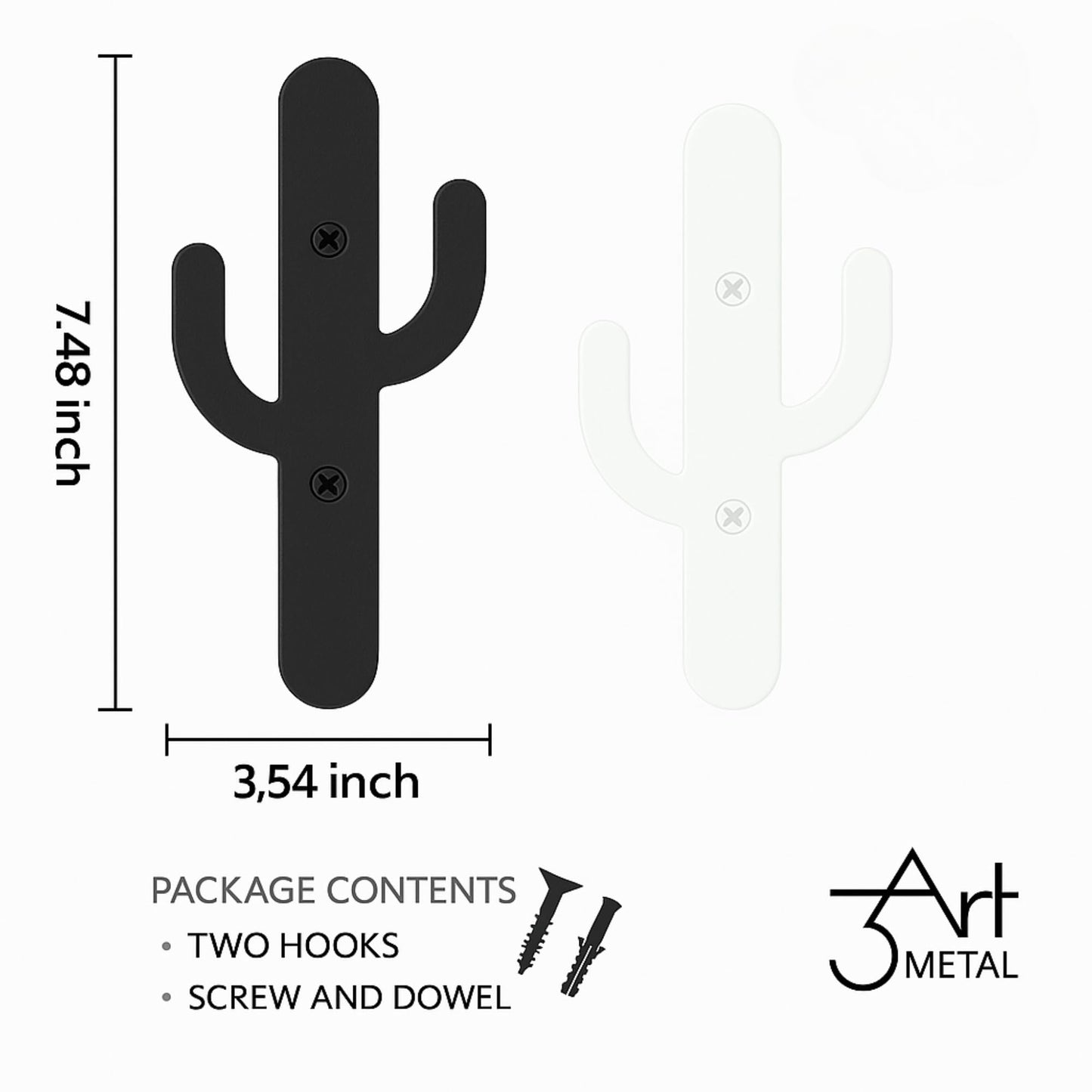 3Art Metal Cactus Wall Hooks Set of 2 – Black & White Minimal Metal Hangers – Decorative Wall Rack for Entryway, Bathroom, Kitchen, Modern Minimalist Decor