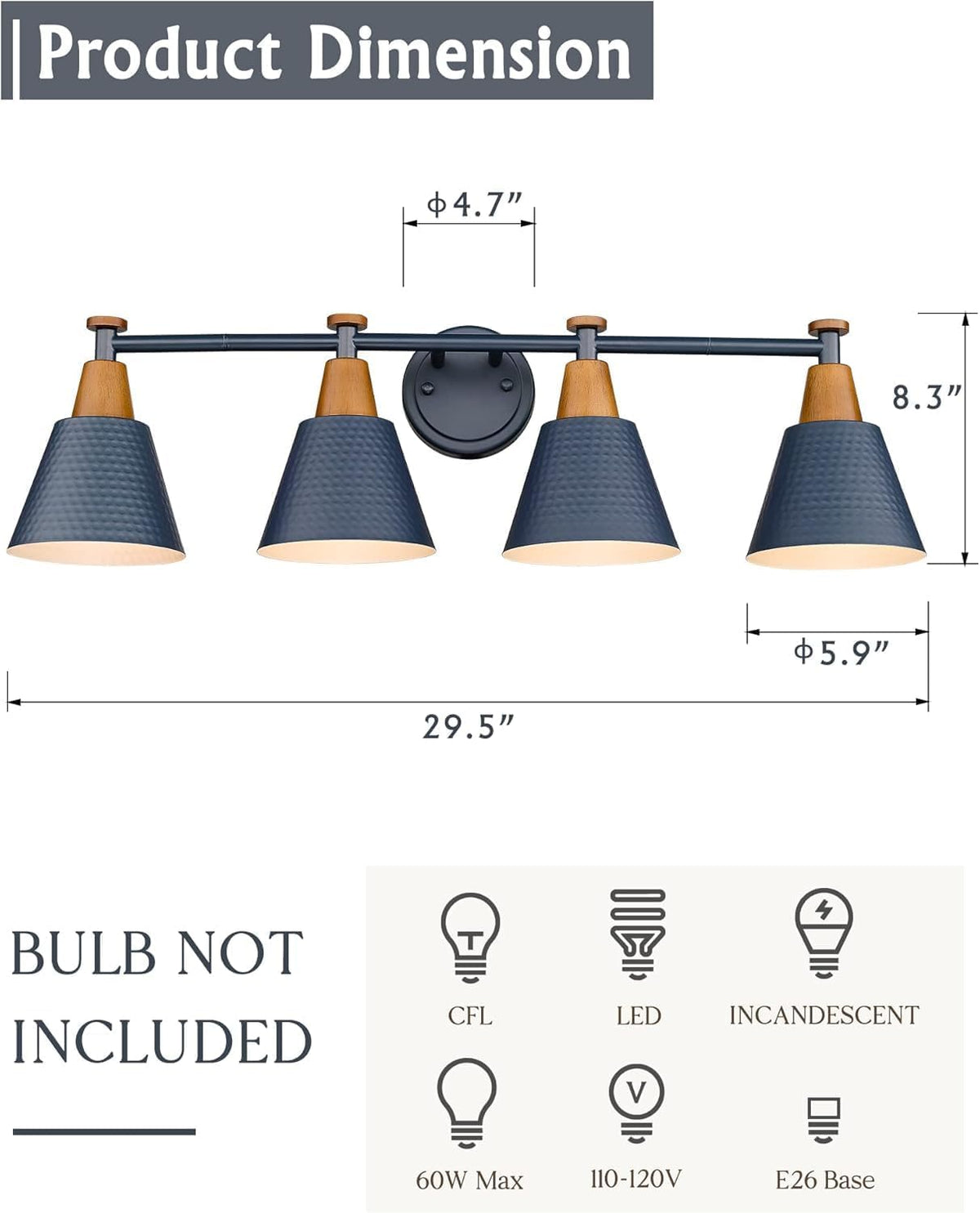 FEMILA 4-Light Bathroom Light Fixtures, Farmhouse Modern Vanity Lights Wall Lamp with Hammered Metal Shade Finish, Dark Blue, 4FG59B-4W Blue