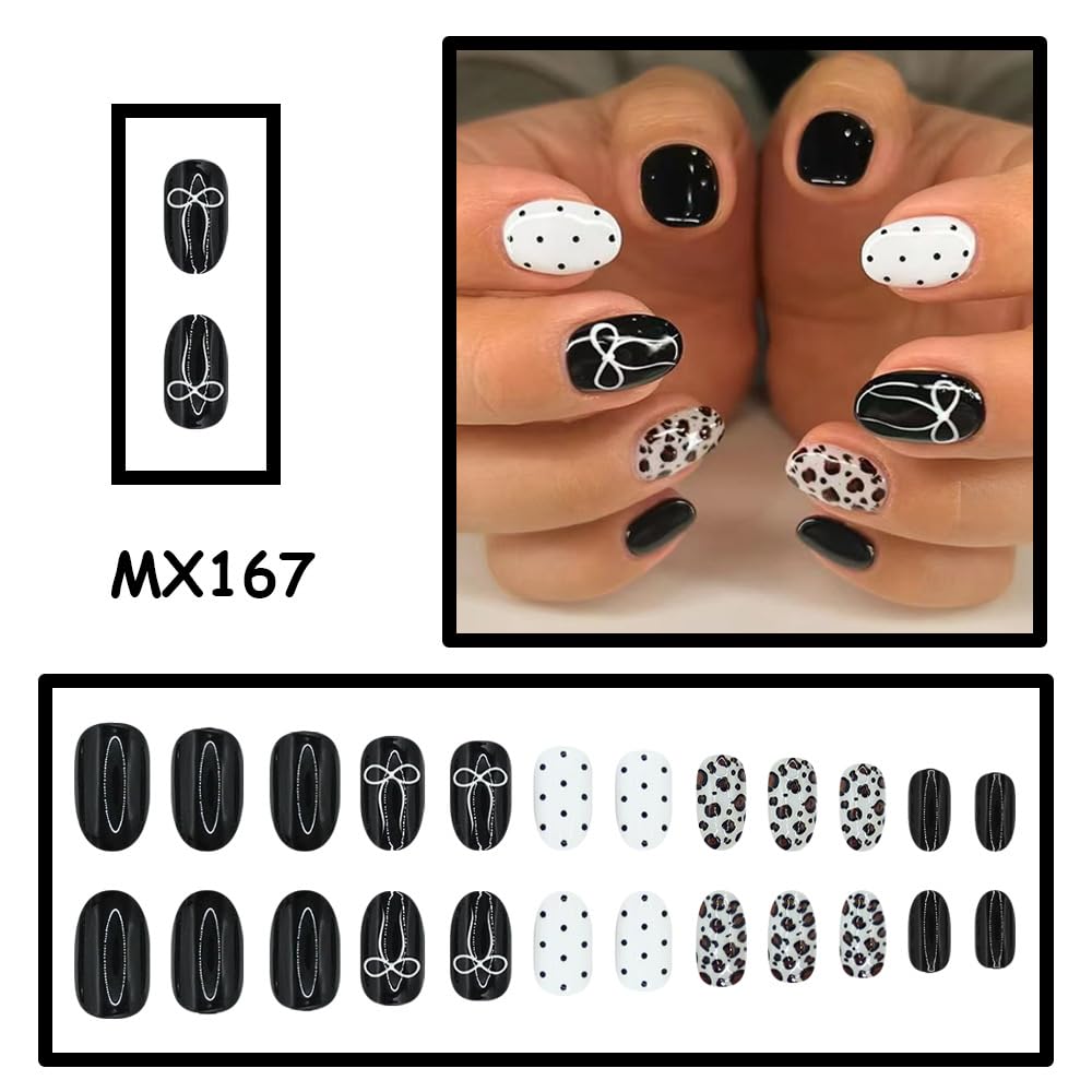 Black White Press on Nails Medium Oval Fake Nails Glossy False Nail with Designs Polka Dot | Leopard | Bow,Y2K Reusable Glue on Nail Full Cover Stick on Nails for Women Manicure 24Pcs