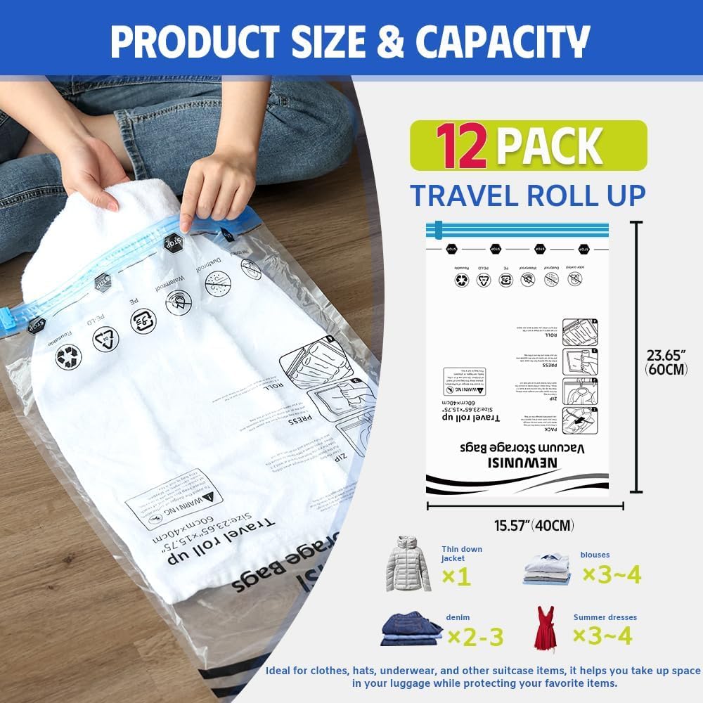 12 Pack Vacuum Storage Bags, Compression Bags for Travel, Roll Up Reusable Travel Space Saver for Luggage, Camping, and Storage (No Vacuum or Pump Needed).