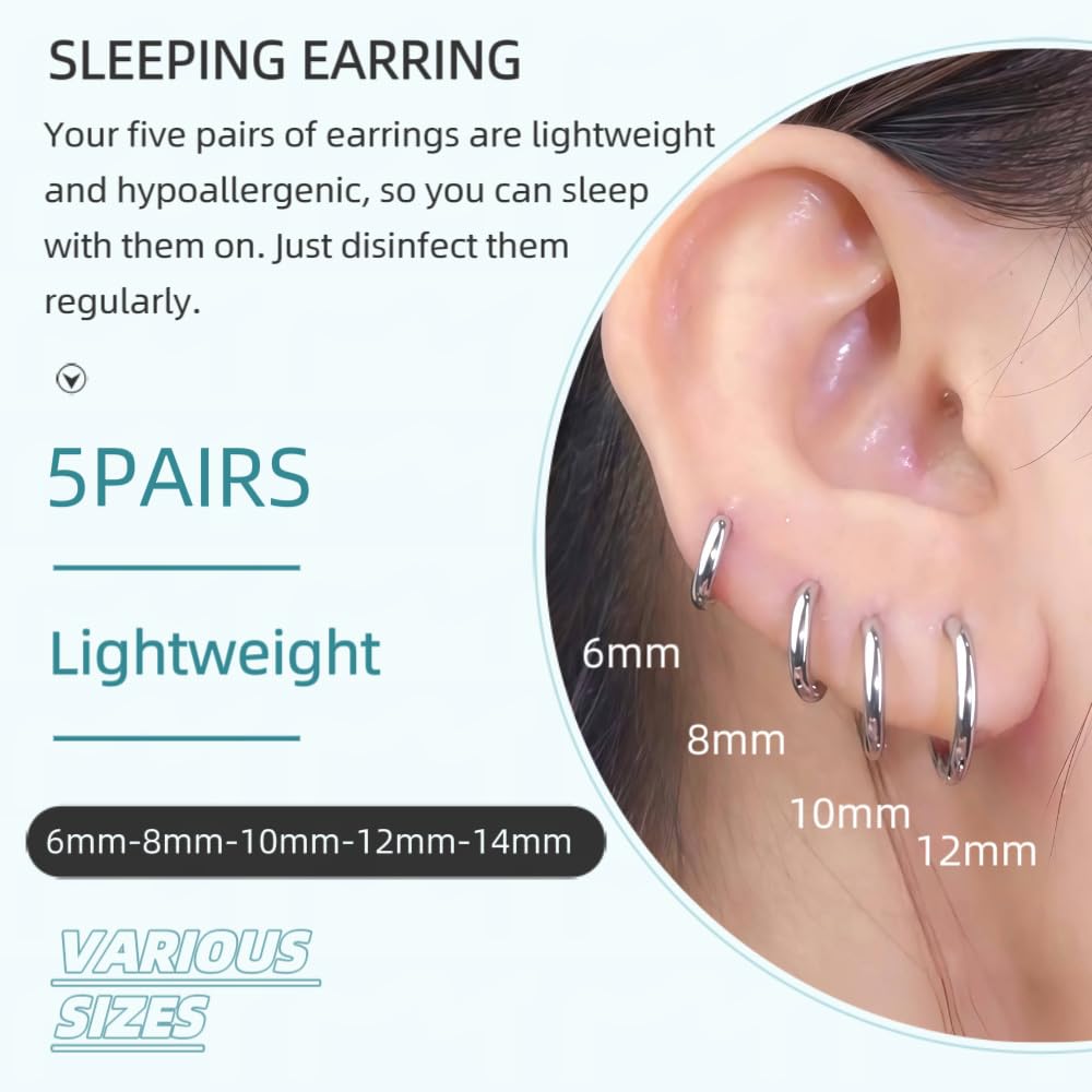 5 Pairs Small Silver Huggie Hoop Earrings Set Women Cartilage Earrings Hypoallergenic Lightweight Stainless Steel Earrings 2nd 3rd Hole Cute Multiple Piercing Stack Jewelry Trendy Gift