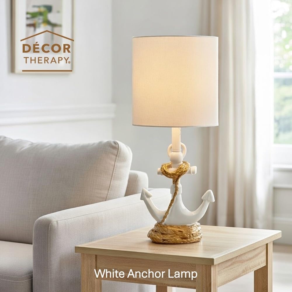 Decor Therapy Anchor Resin Accent Lamp, Easy on/Off Push-Through Light Switch, Coastal Style, Energy Efficient, 40W, White - (8" D x 8" W x 16" H)