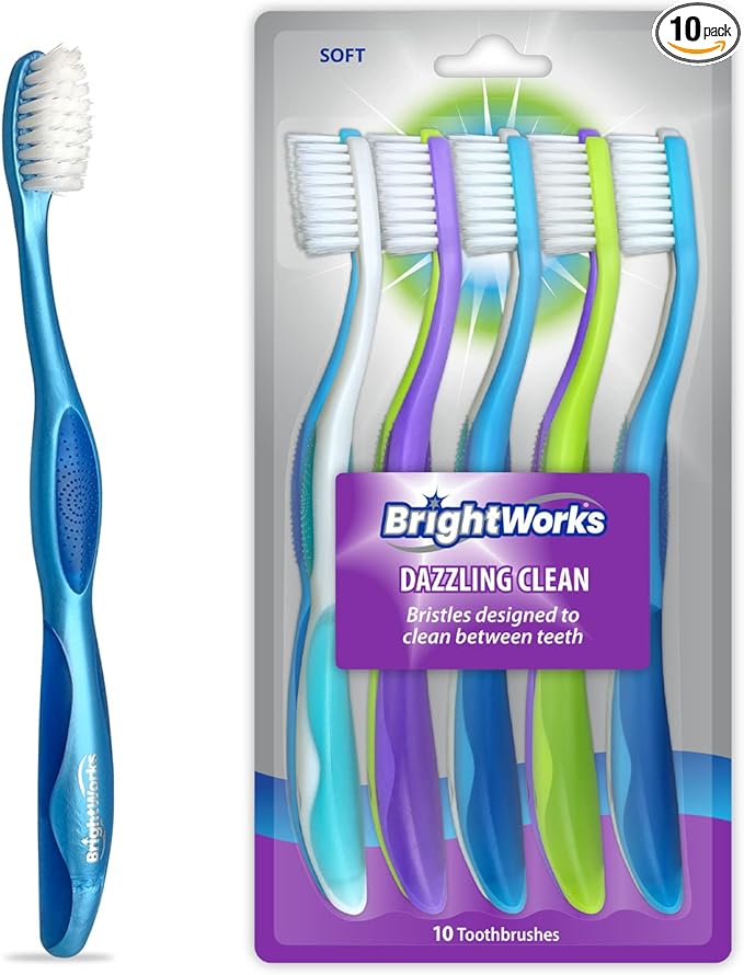 BrightWorks Dazzling Clean Manual Toothbrush (10 Pack), Soft, Bristles Designed to Clean in Between Teeth. Great for Sensitive Teeth or Sensory Issues (multiple colors).