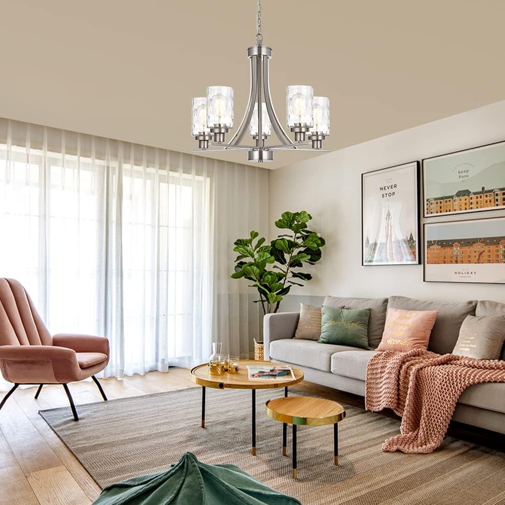 BONLICHT 5 Light Modern Chandeliers Brushed Nickel Kitchen Island Dining Room Lighting Fixtures Ceiling Hanging Clear Hammered Glass Pendant Lamp Transitional Pendant Lights for Living Room Foyer
