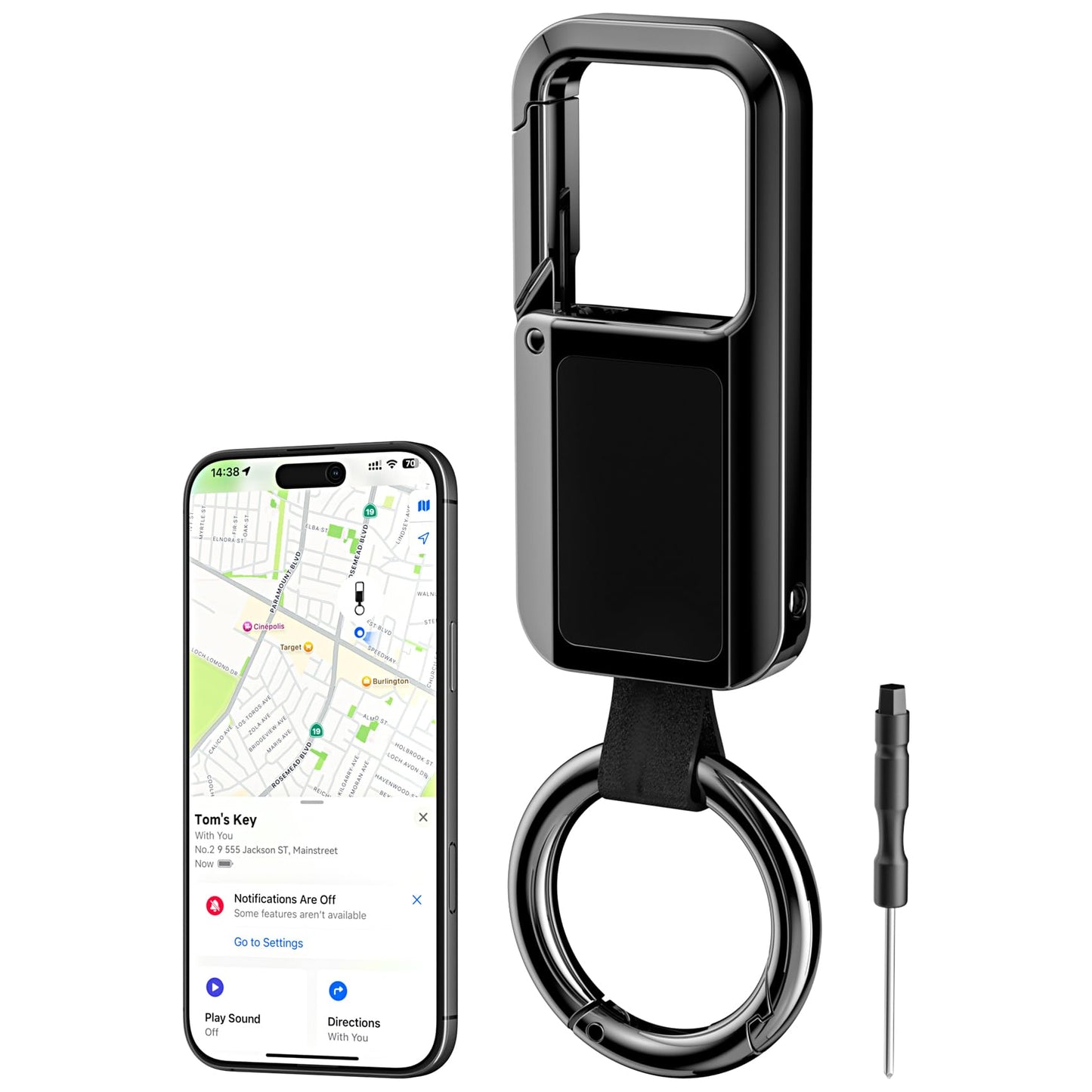 Anit Lost Key Chain, Key Finder Works with Apple Find My, Zinc Alloy Waterproof IP67 120dB Loud Key Tracker with Locator Sound, Heavy Duty Key Ring for Men, Replaceable Battery, Black