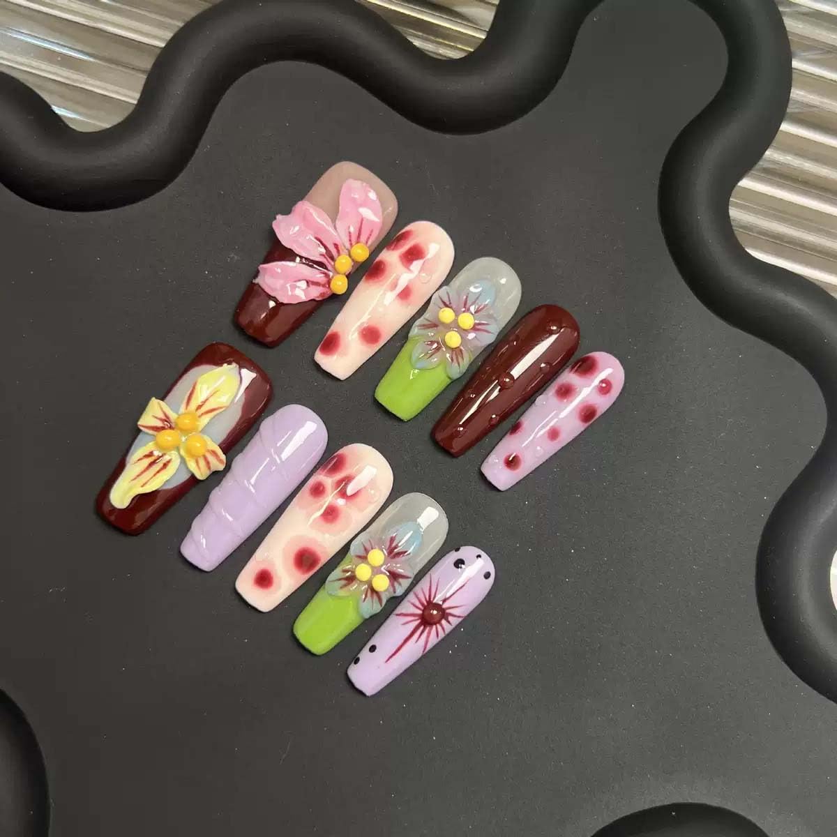 10 Pcs Coffin Press On Nails Handmade Fake Nails 5D Flower Charms With Design Long False Nails Full Cover Acrylic Nail Artificial Reusable Stick On Nail For Women (SIZE:S)