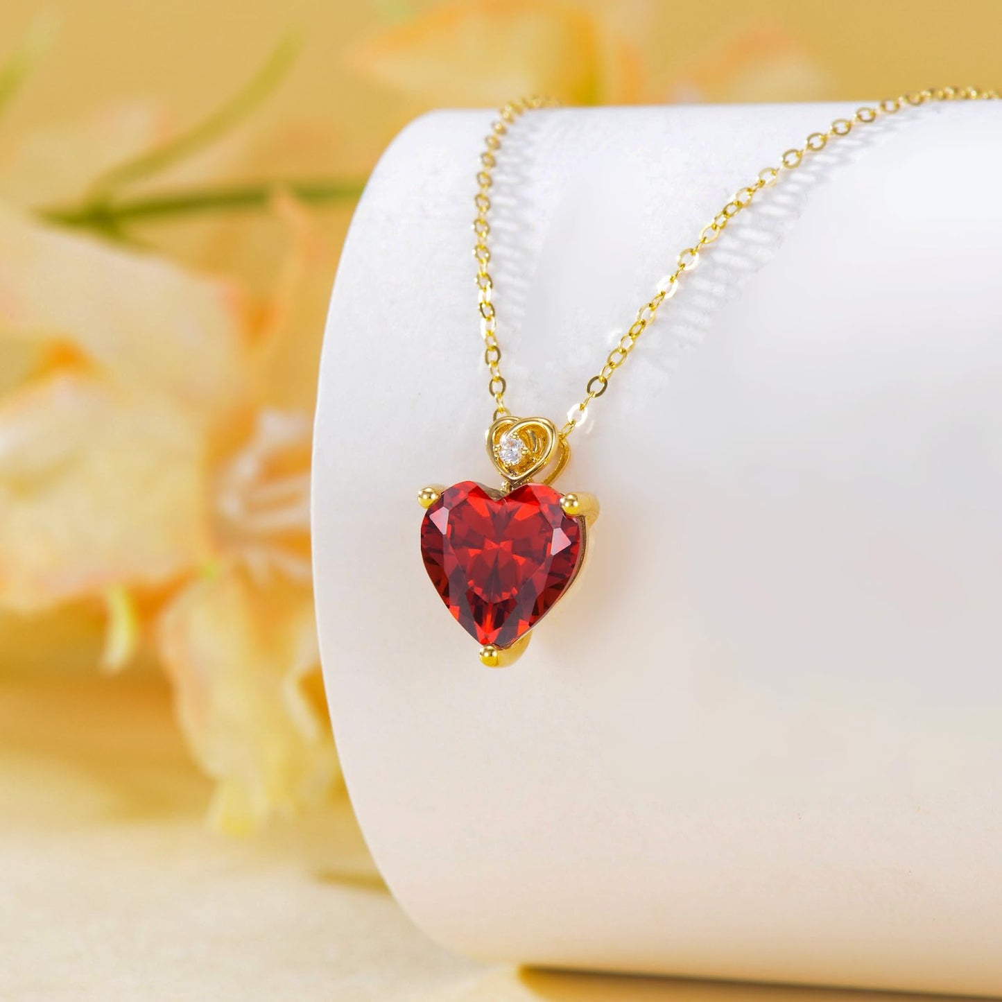 NFYBD 14k Gold Love Heart Garnet Birthstone Pendant Necklace for Women 3 Carat Heart-cut Created Gemstone Anniversary Birthday Mother's Day Necklaces for Her 16+1+1 inch-Jan