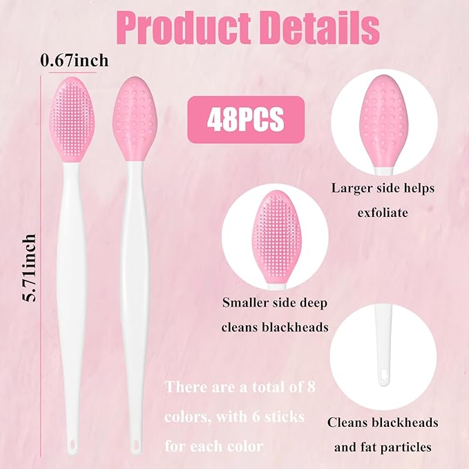 48 Pcs Lip Scrub Brush, Silicone Double Sided Lip Exfoliator Brush for Men Women lightening dark lips Smoother Fuller Lip Appearance - 8 Colors