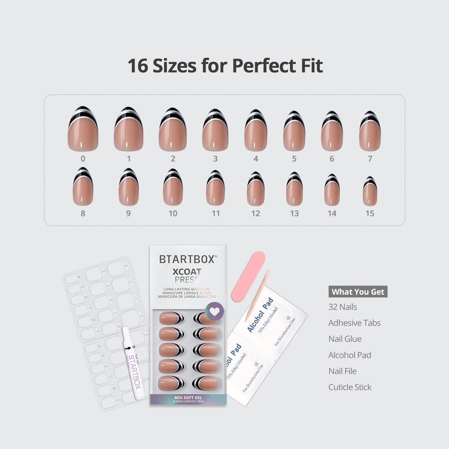 BTArtbox French Tip Press On Nails - Veil Waltz, Lamp-Curable Short Almond Press On Nails with Glue and Adhesive Tabs for Women in 16 Sizes - 32 Nails All-in-One Kit
