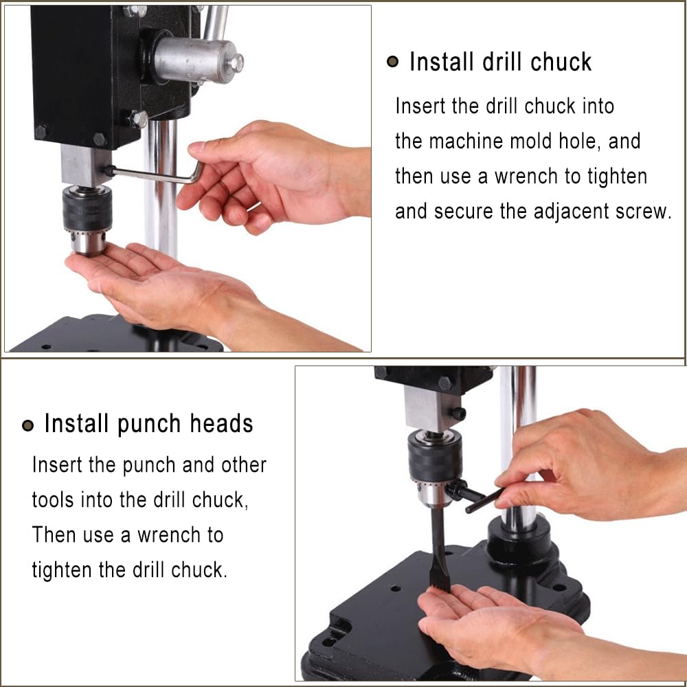 Leather Hole Puncher Industrial Hole Puncher Arbor Press Leathercraft Punching Tools for DIY Leather Craft Punching Holes withPP Plate，1.5-13mm Clamping Chuck，Free Accessorie