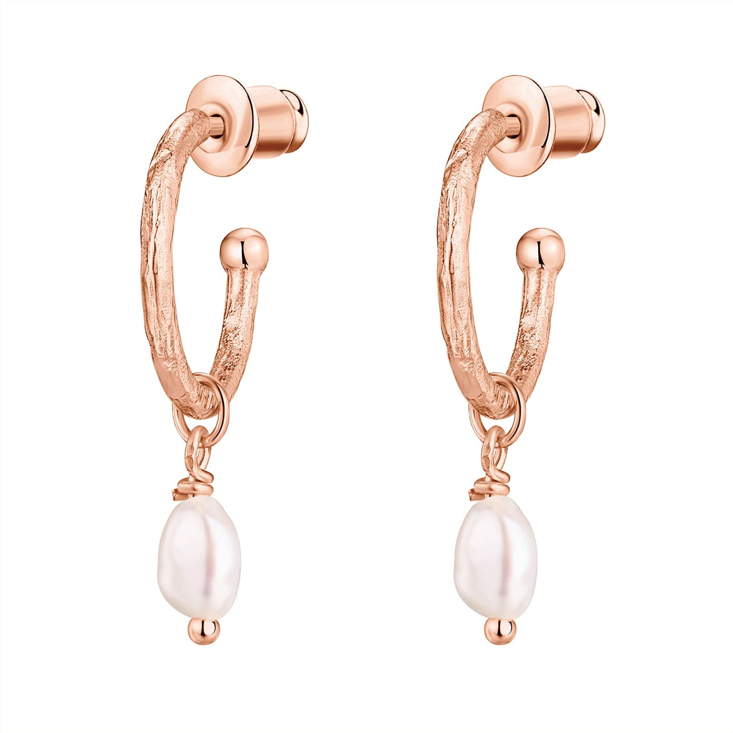 PAVOI 14K Rose Gold Plated 925 Sterling Silver Post Classic Pearl Dangle Huggie Hoop Earrings For Women - Trendy Pearl Drop Open Hoop Earrings - Cubic Zirconia Small Hinged Hammered Huggies