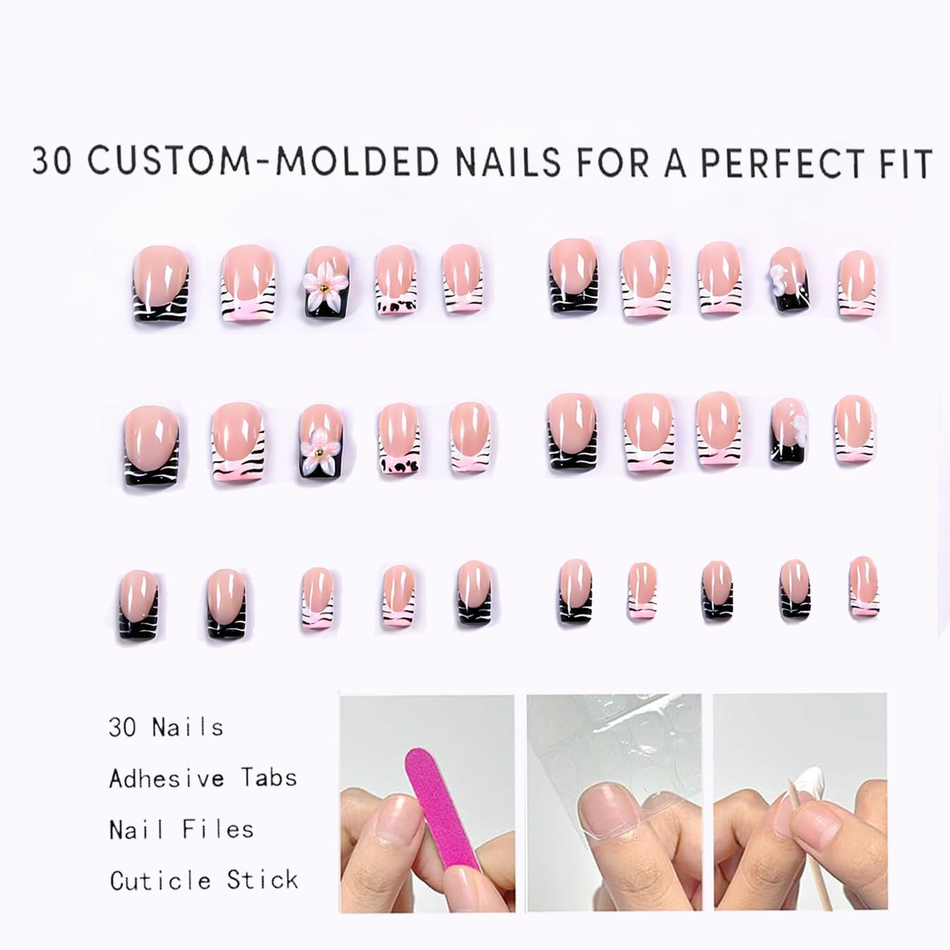 MAGLFELL Press On Nails Handmade Square Fake Nails, Painting Black 3D Stripe and Floral Design, Short Square Acrylic Nails, Reusable Artificial 15 Sizes - 30Pcs Stick On Nails Kit for Women