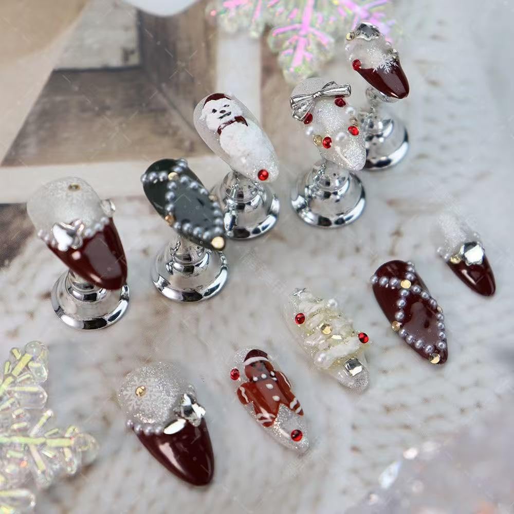 100% Handmade Press on Nails Christmas Press on Nails Medium Almond Shape Dark Red French Tips Snowman Design Rhinestones Christmas Tree Gingerbread Man Wintner Xmas Nails for Women Size L