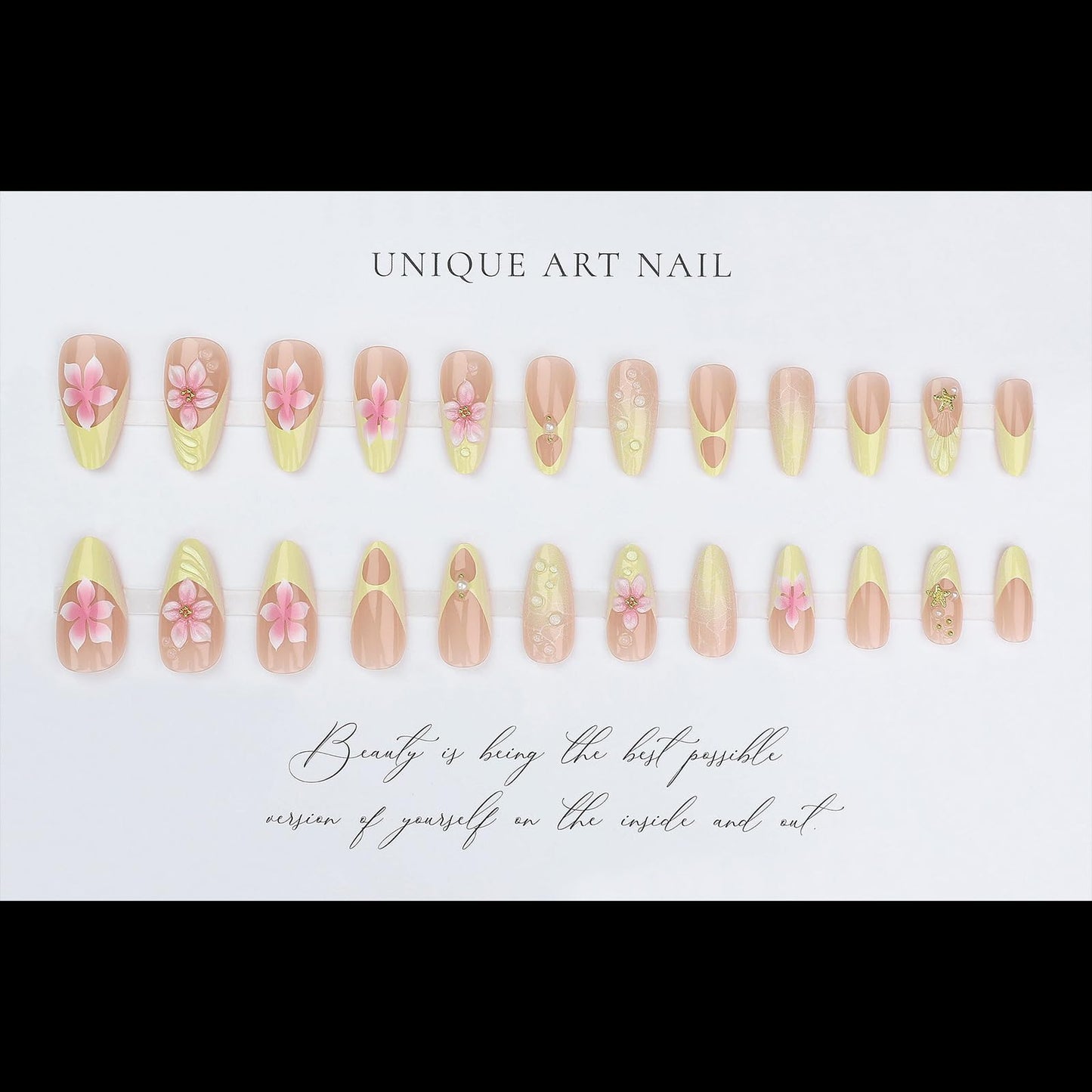 French Tip Press on Nails Long Almond Fake Nails 3D Flower Glossy False Nails Gradient Creamy Yellow Stick on Nails for Women Nail Art 24Pcs