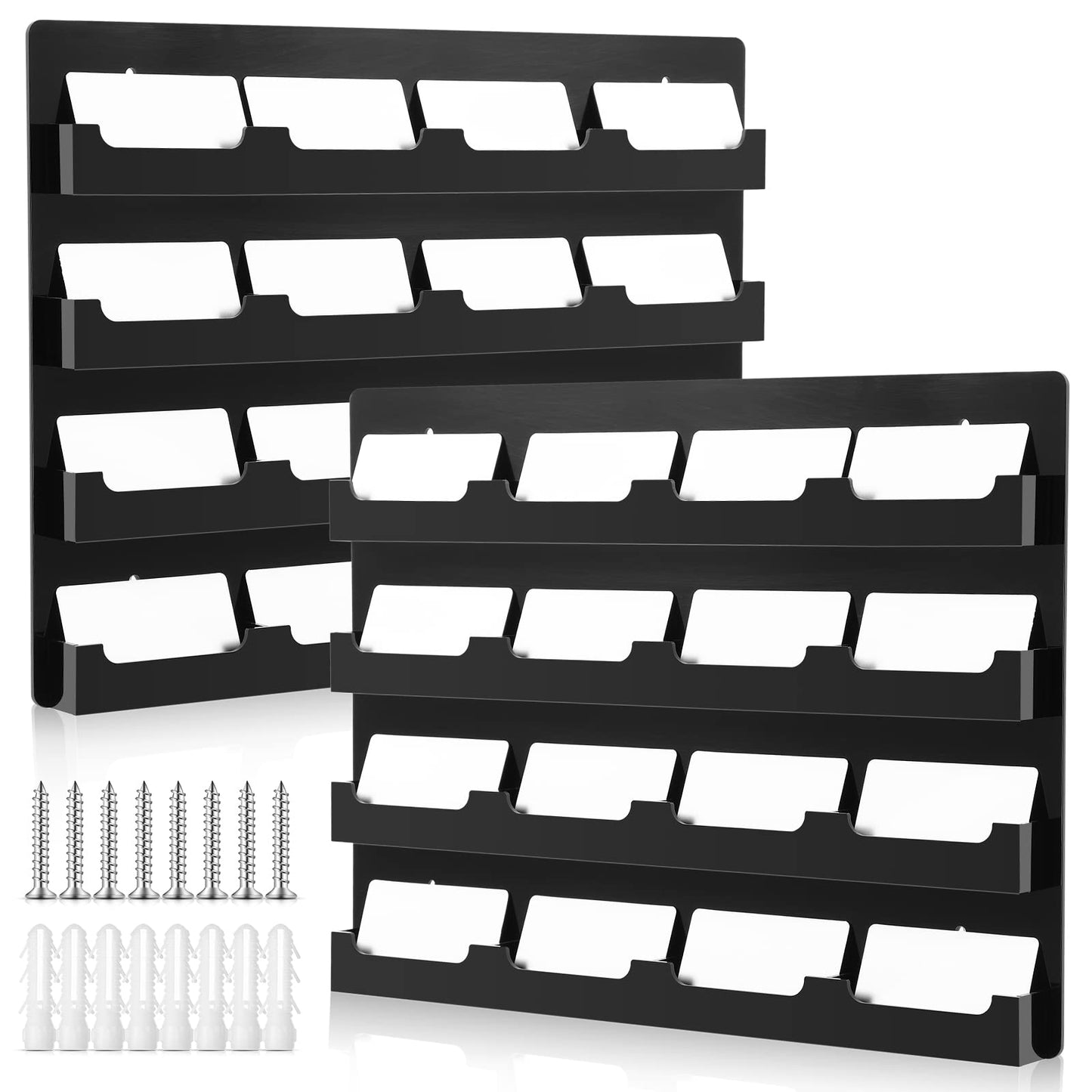 Geelin 2 Pcs Acrylic Business Card Holder Wall Mount Black Business Card Display Holder with Hanging Hardware Vertical Sticker Display Rack Organizing Stand for Office Home (16 Pockets)