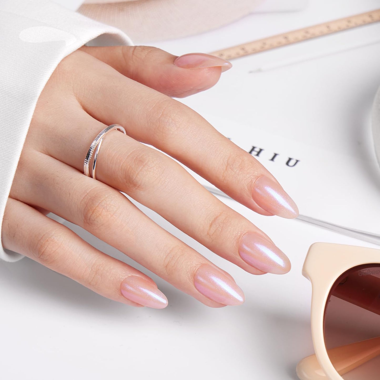 VSALON Short Almond Press On Nails, Pink Shimmer Neutral Fake Nails With UV Cure Glue, Glossy Glazed Opaque Spring Summer Stick On Nails False Nails - 32 Pcs 16 Sizes