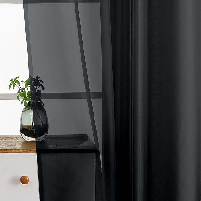 Black Window Sheer Curtains 54 inch Length, Soft Airy Light Filtering Sheer Curtain 2 Panels Set, Dual Rod Pocket Gauze Black Drapes for Living Room Bedroom, 2x42Wx54L Inches
