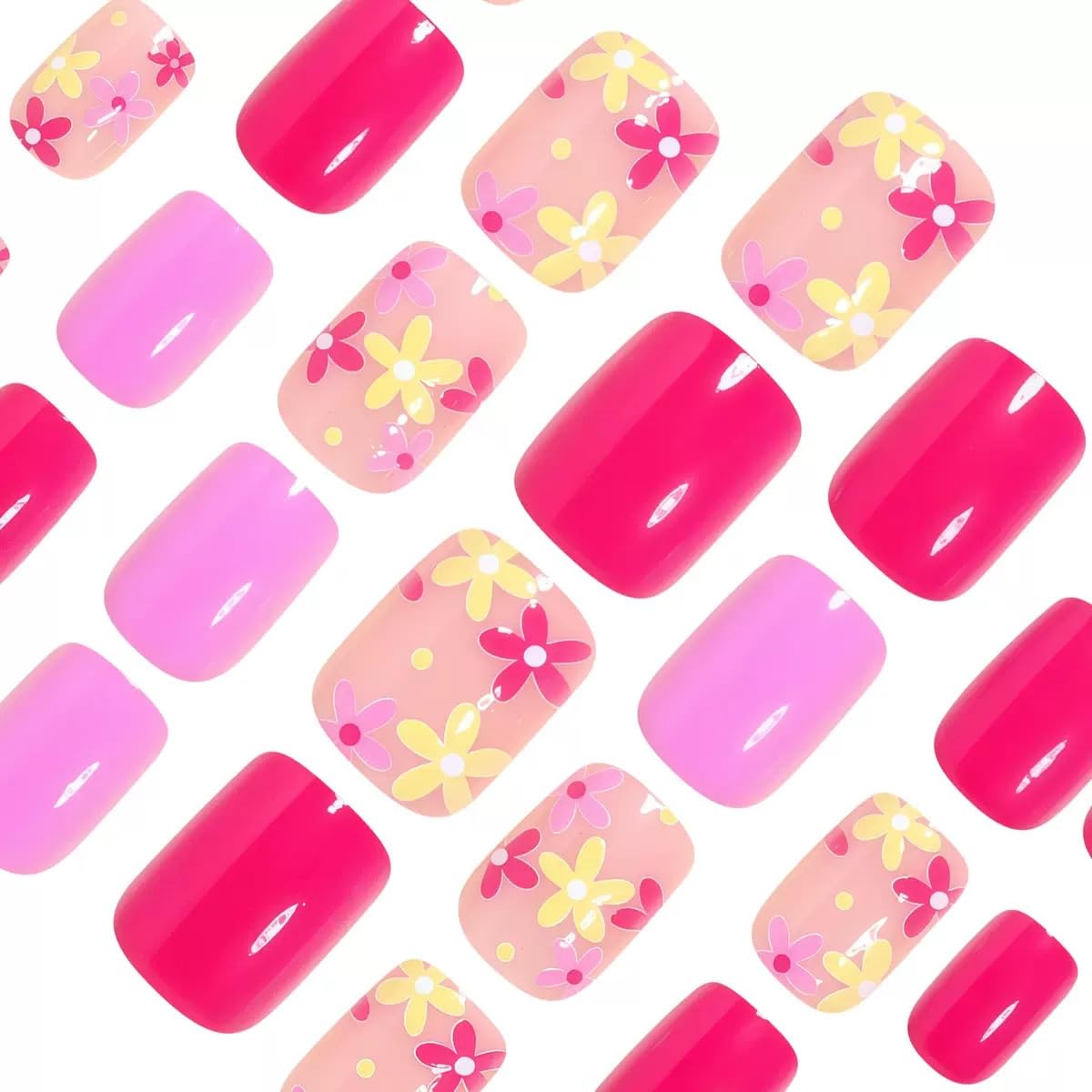 CTTHNBD Press on Nails Square - Short Fake Nails with Colorful Flower Design - Pink, Purple, Cute False Nails Press ons - for Women 24 Pcs