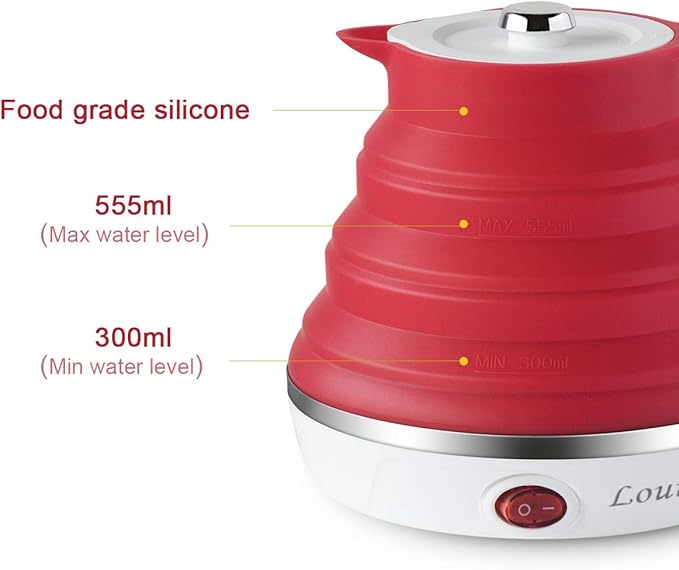 Ultrathin Upgraded Food Grade Silicone Travel Foldable Electric Kettle Boil Dry Protection Portable with Dual Voltage and Separable Power Cord,555ML 110-220V US Plug