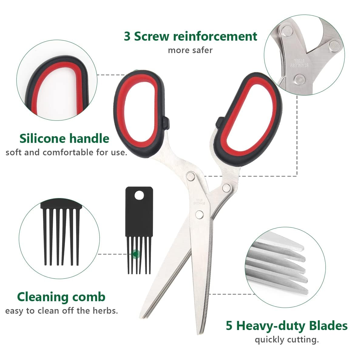 Luxiv Stainless Steel Scissors with Herb Stripper, 5-Blade Set and Cleaning Comb (Black)