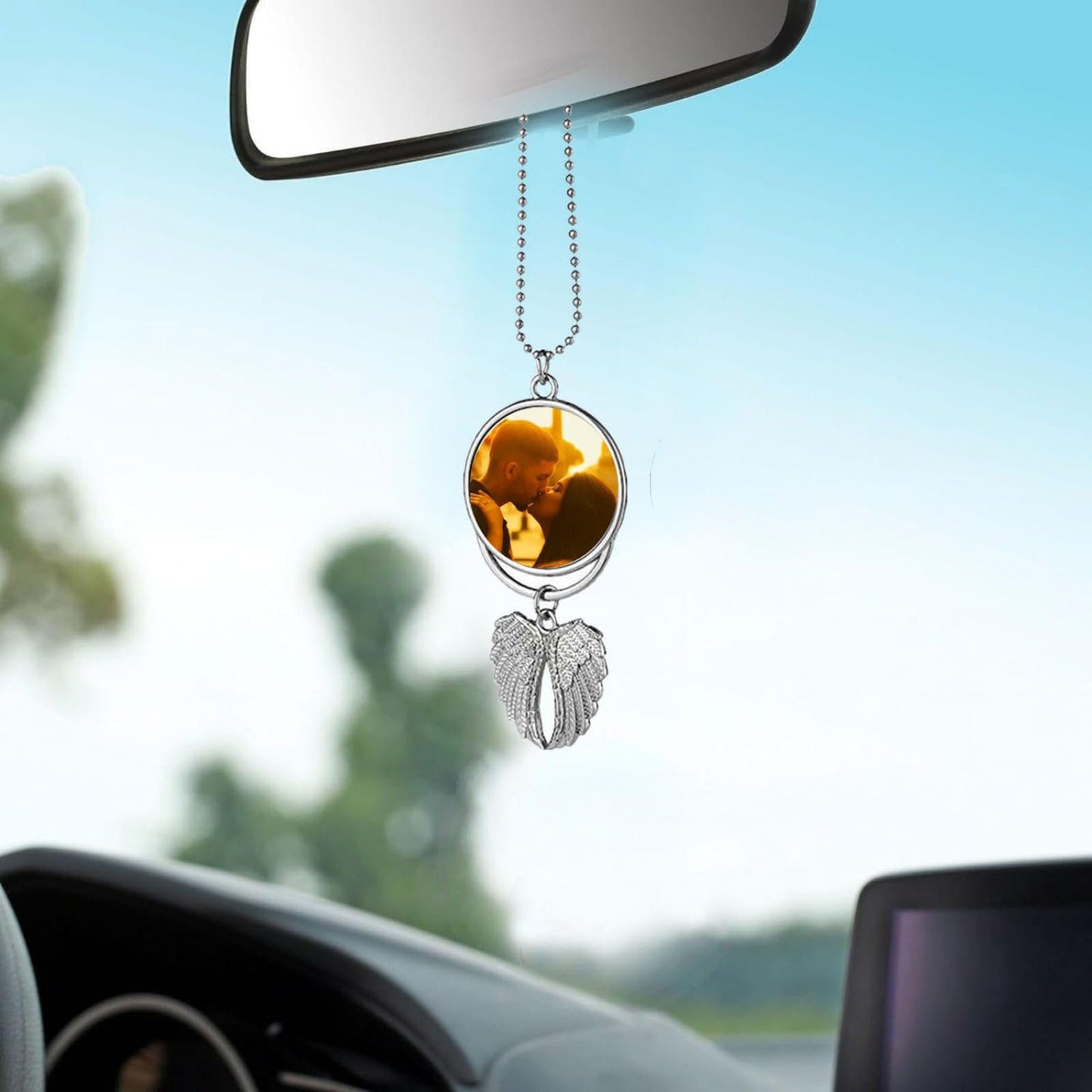 Frinnovan 8 Set Silver Angel Wing Sublimation Blank Car Hanging Ornament Charms Heat Transfer Blank Photo Frame Pendants Customize Keychain for Automobile Rearview Mirror Home Window Ornaments