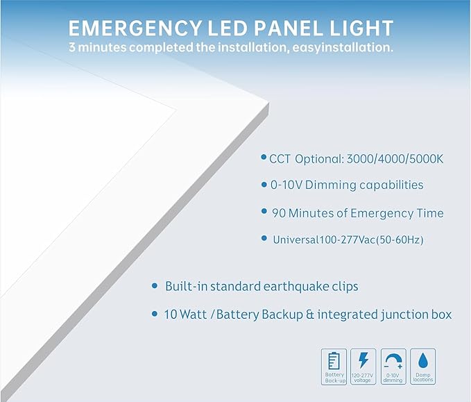 2X4 LED Flat Panel Light with Emergency Battery Backup, 50W 3000K/4000K/5000K, 0-10V Dimmable, 6500 Lumens, LED Drop Ceiling Lights, 100-277V, DLC UL Listed, Ultra Thin Back-Lit (48 Pack)