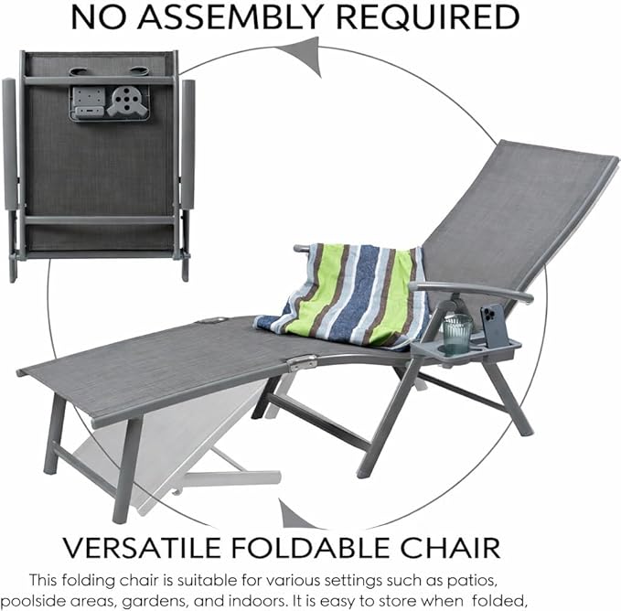 Kozyard Aluminum Outdoor Chaise Lounge Chair, Adjustable Reclining Patio Lounge with Drink Holder, Weather-Resistant Pool, Deck & Yard Recliner,Assemble-Free, Gray (Gray)