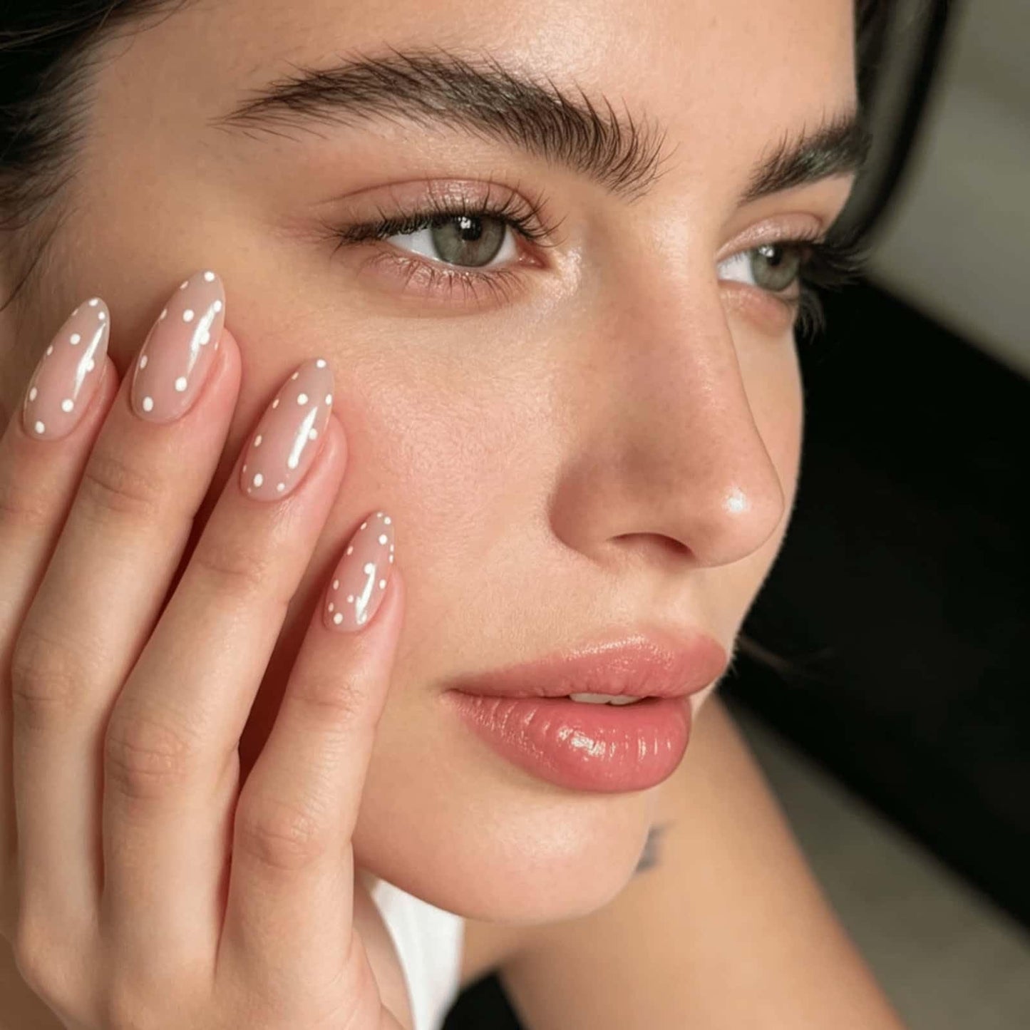 Polka Dot Press On Nails, Short Almond Nude Pink Fake Nails with White Dots, Soft Gel Full Cover Reusable Glue On Nails, Cute Everyday Nails for Women 30 Pcs