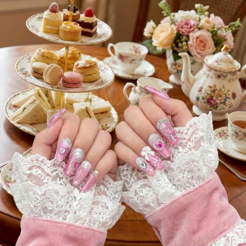 Azilaz Press On Nails, Glitter Crown Design with Rhinestones,Medium Coffin Shape, Handmade for Y2K Lolita Tea Time Style Pink (Large)
